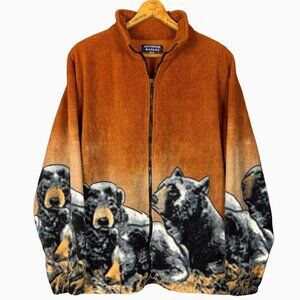 Cabincore Bear Fleece Jacket Medium - Vintage Wildlife Zip Up Warm Soft Fleece